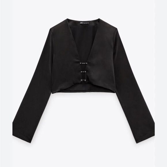 Zara Black Satin Effects Crop Top Size Small NWT - Picture 1 of 7